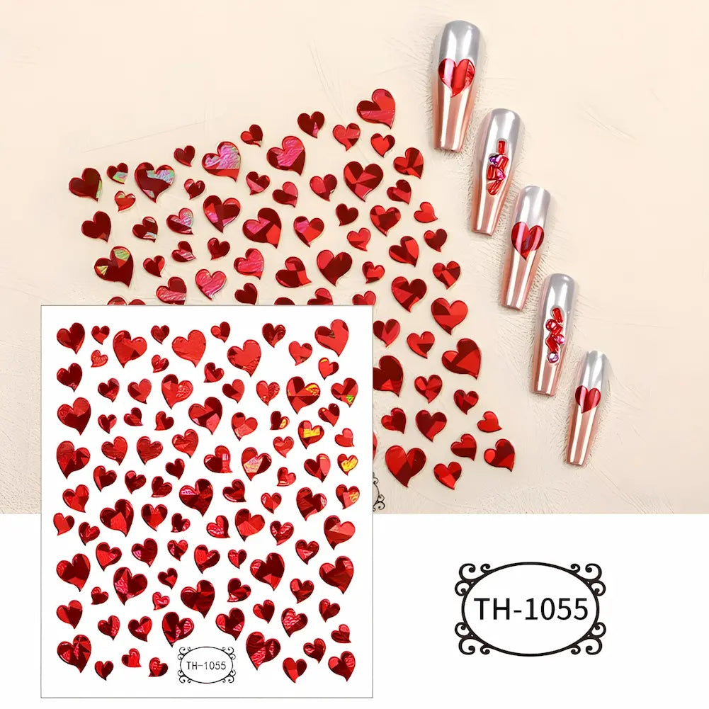 TH-1055: Adesivos de corações vermelhos metálicos em vários tamanhos. As unhas decoradas apresentam um visual romântico e brilhante.